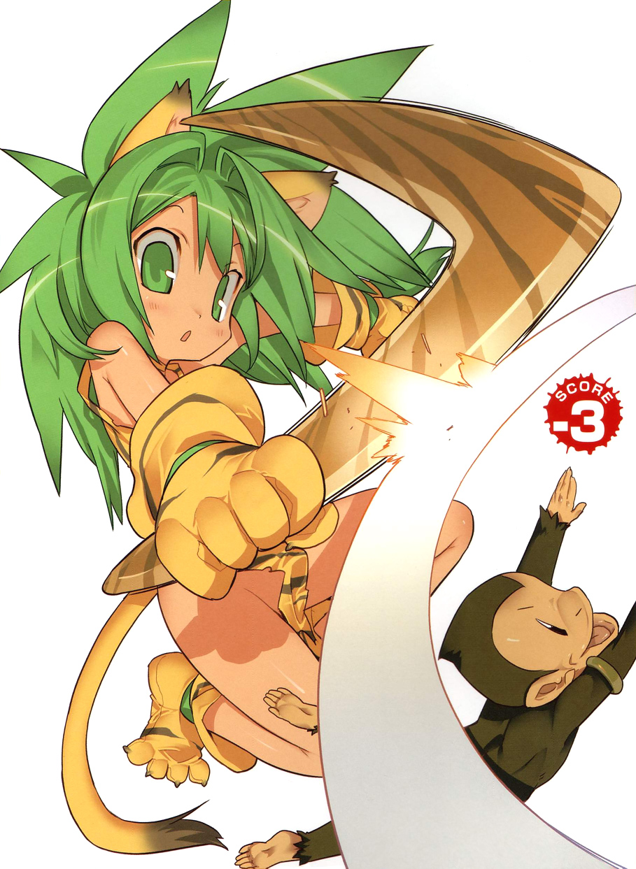 blade (galaxist), cham cham, paku paku, queen's blade, queen's gate, samurai spirits, snk, highres, 1girl, animal ears, animal hands, animal print, boomerang, bottomless, cat ears, cat tail, gloves, green eyes, green hair, hair ornament, long hair, monkey, no panties, paw gloves, paw shoes, shoes, simple background, sphere hair ornament, tail, tiger print, weapon, white background