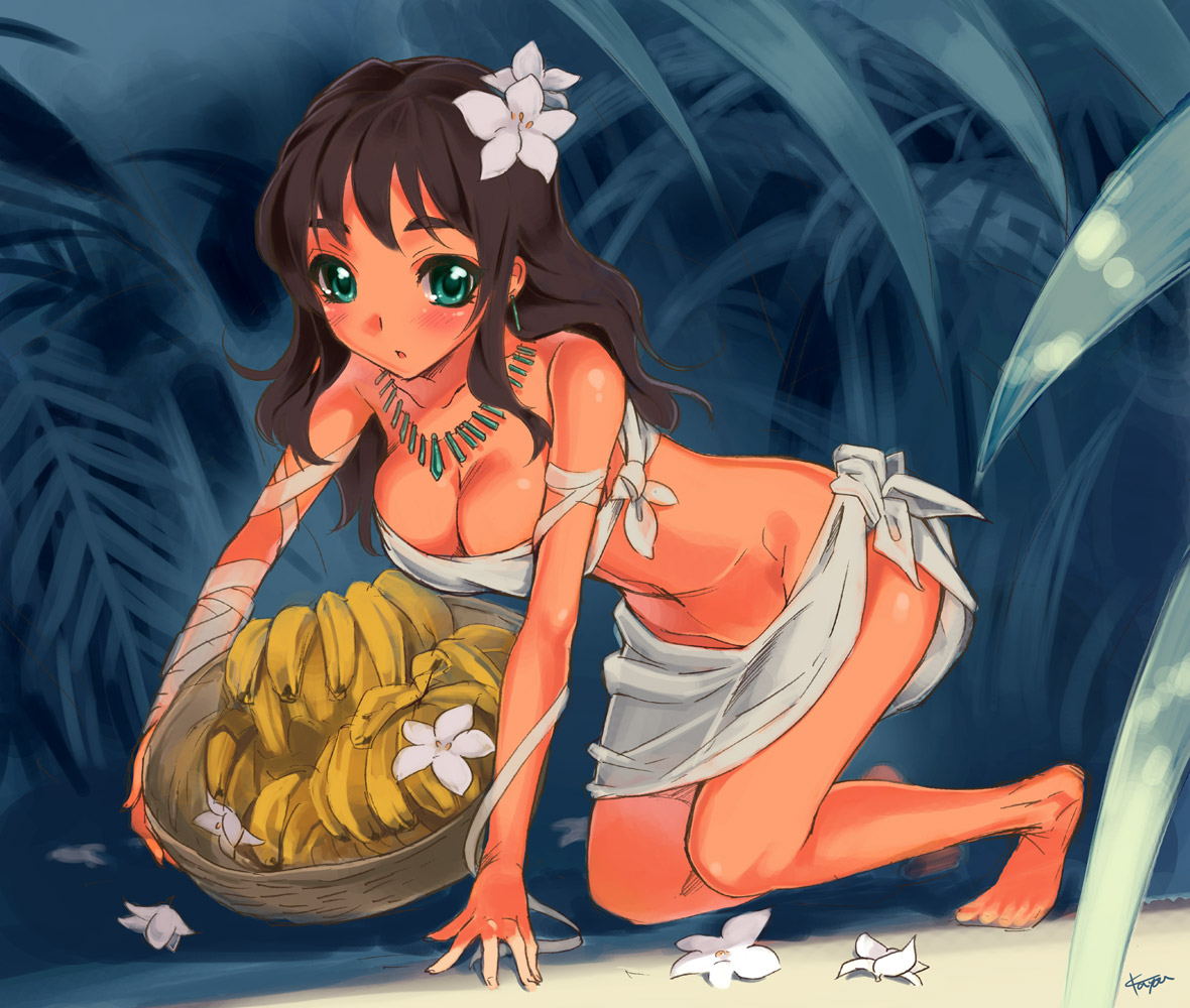 kayou (kayou-bi), original, 1girl, :o, aqua eyes, banana, bandeau, bare shoulders, barefoot, breasts, brown hair, cleavage, dark-skinned female, dark skin, earrings, female focus, flower, food, fruit, hair flower, hair ornament, jewelry, large breasts, long hair, navel, necklace, no panties, sarong, solo, tribal