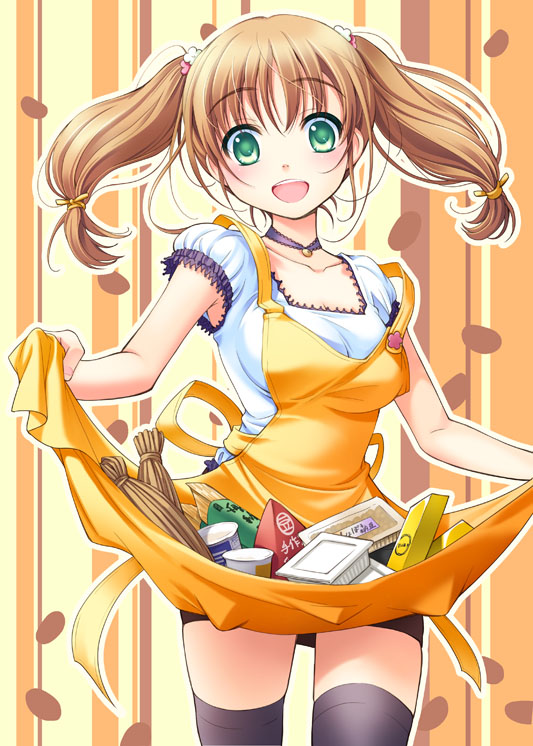 ginta, original, 1girl, apron, black thighhighs, blonde hair, breasts, brown hair, choker, female focus, green eyes, skirt basket, solo, thighhighs, twintails