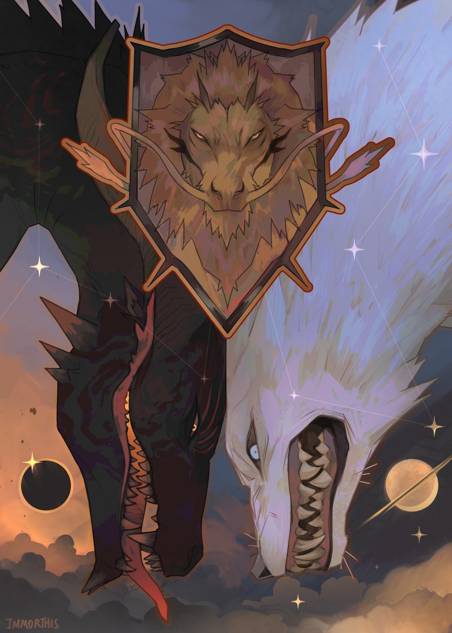 original, commentary, commentary request, highres, animal focus, artist name, cloud, coat of arms, constellation, creature, dragon, immorthis, limited palette, monster, moon, planet, portrait, simple background, star (sky), teeth, tongue, watermark, white fur, wolf