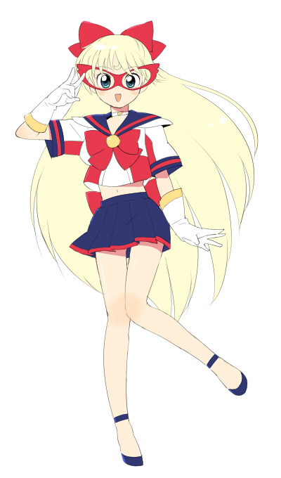 aino minako, sailor v, bishoujo senshi sailor moon, 1990s (style), 1girl, blonde hair, blue eyes, female focus, gloves, hair ribbon, long hair, mask, retro artstyle, ribbon, skirt, solo