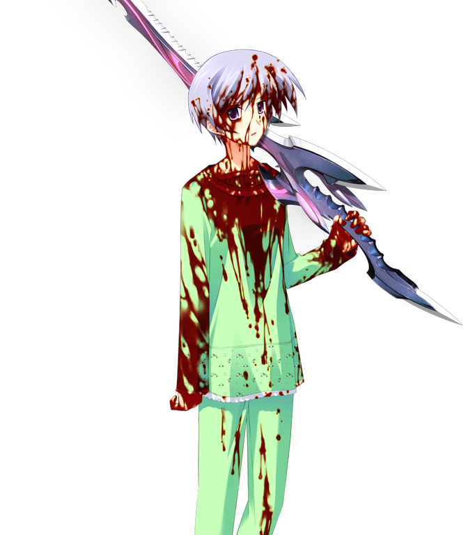 matsuo yukihiro, kishimoto ayase, chaos;head, science adventure, game cg, non-web source, official art, 1girl, blood, blood in hair, blood on clothes, blood on face, blood on hands, blue hair, d-sword, green pants, green shirt, holding, holding sword, holding weapon, hospital gown, looking at viewer, open mouth, pants, pink eyes, shirt, short hair, solo, sprite, surprised, sword, transparent background, weapon