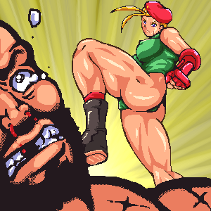 cammy white, zangief, capcom, street fighter, lowres, non-web source, 1boy, 1girl, beret, blood, hat, missing tooth, nosebleed, teeth