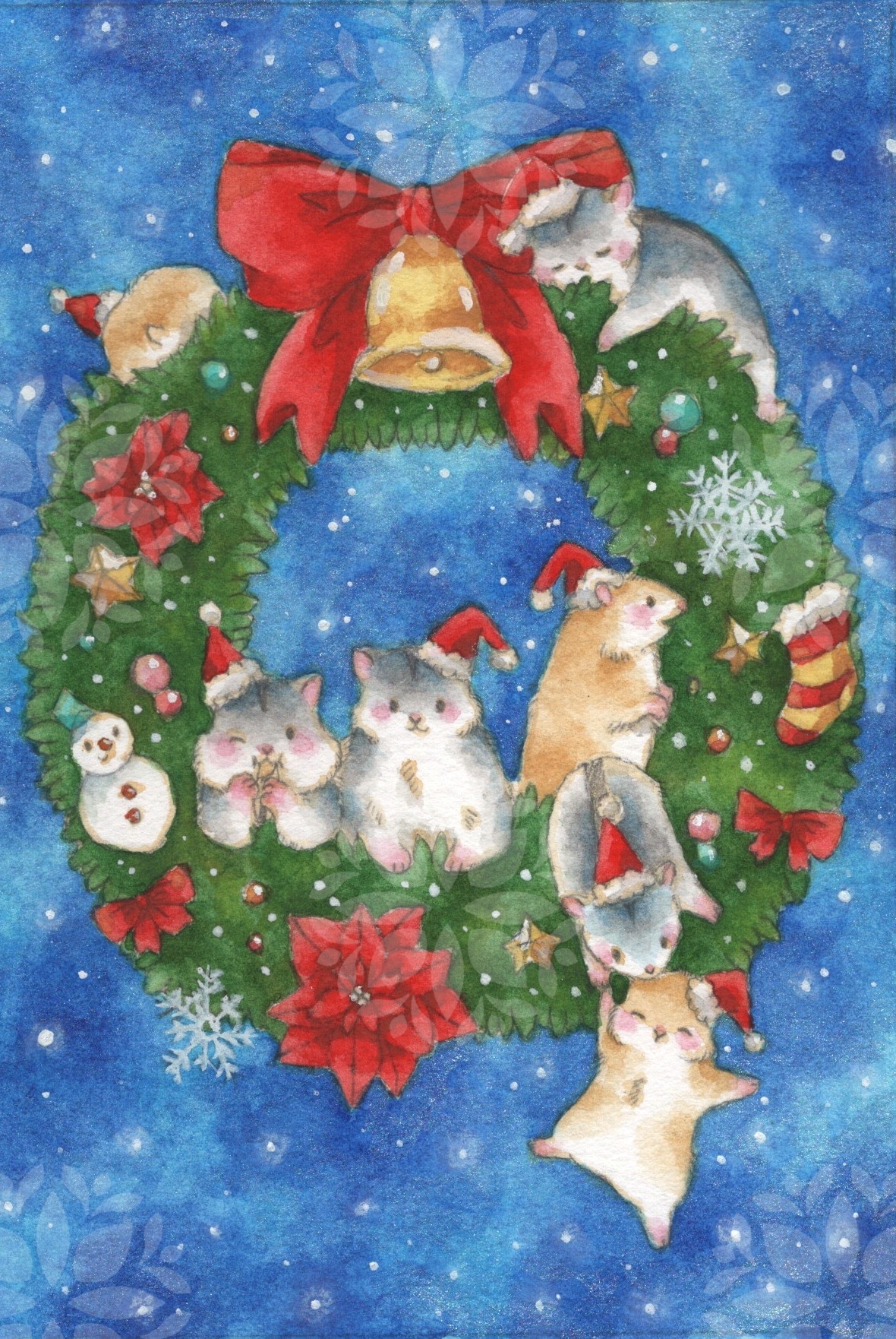 original, commentary request, highres, painting (medium), traditional media, watercolor (medium), animal, animal focus, bell, christmas, christmas stocking, christmas wreath, fur-trimmed headwear, fur trim, fuwakoma, hamster, hat, no humans, red hat, red ribbon, ribbon, santa hat, wreath