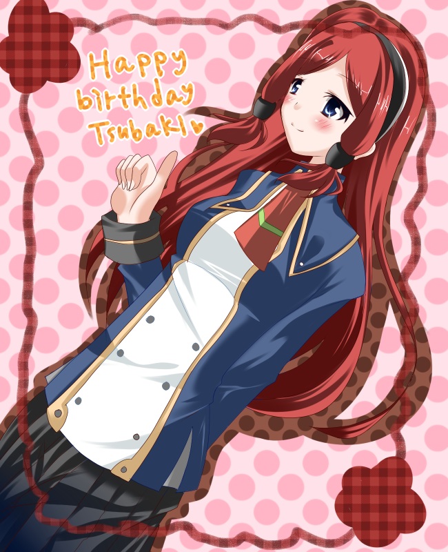 erise, tsubaki yayoi, arc system works, blazblue, blazblue: continuum shift, 1girl, blue eyes, blush, female focus, hairband, long hair, miniskirt, red hair, school uniform, skirt, solo