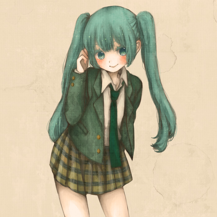 mizutamako, hatsune miku, vocaloid, bad id, bad pixiv id, 1girl, aqua eyes, aqua hair, blush, colored eyelashes, eyelashes, female focus, long hair, necktie, school uniform, skirt, smile, solo, square-end necktie, twintails