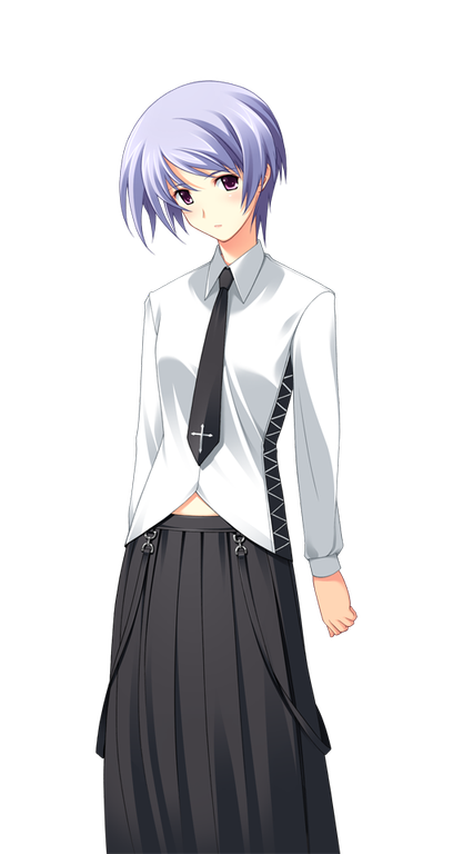 matsuo yukihiro, kishimoto ayase, chaos;head, science adventure, game cg, non-web source, official art, 1girl, black necktie, black skirt, blue hair, blush, casual, d-sword, dress shirt, embarrassed, goth fashion, holding, holding sword, holding weapon, looking at viewer, midriff peek, necktie, pink eyes, shirt, short hair, skirt, solo, sprite, sword, transparent background, weapon, white shirt