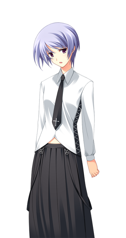 matsuo yukihiro, kishimoto ayase, chaos;head, science adventure, game cg, non-web source, official art, 1girl, annoyed, black necktie, black skirt, blue hair, casual, d-sword, dress shirt, goth fashion, holding, holding sword, holding weapon, looking at viewer, midriff peek, necktie, open mouth, pink eyes, shirt, short hair, skirt, solo, sprite, sword, transparent background, weapon, white shirt