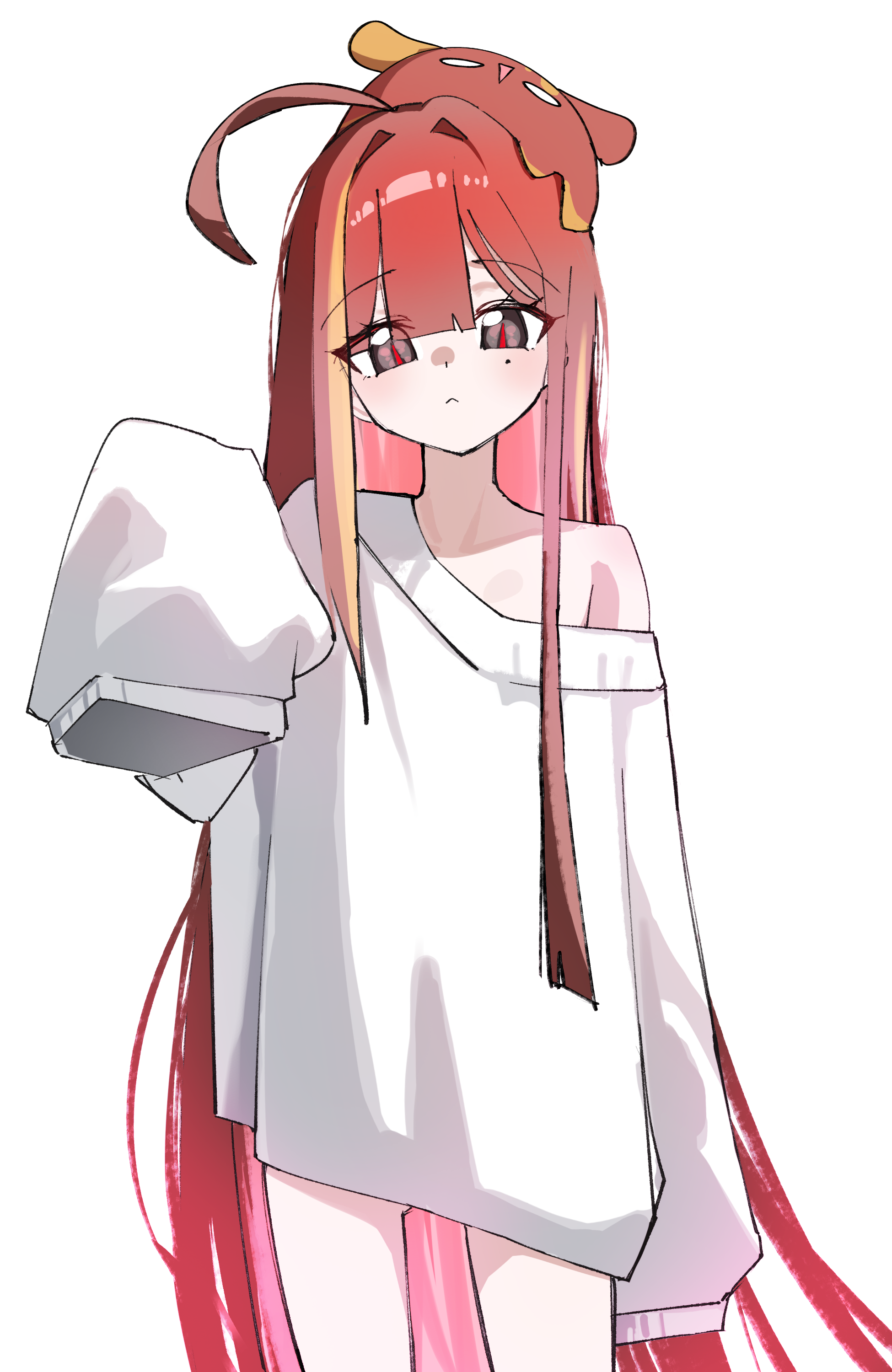 yeomhwauranyum, akane lize, stellive, absurdres, commentary, highres, 1girl, ahoge, center-flap bangs, closed mouth, cowboy shot, creature on head, dated commentary, double-parted bangs, frown, grey eyes, hair intakes, hand up, long hair, long sleeves, looking at viewer, mole, mole under eye, no pants, oversized sweater, pienna (akane lize), red hair, red pupils, simple background, single bare shoulder, single off shoulder, sleeves past fingers, sleeves past wrists, slit pupils, solo, standing, straight hair, sweater, very long hair, virtual youtuber, white background, white sweater