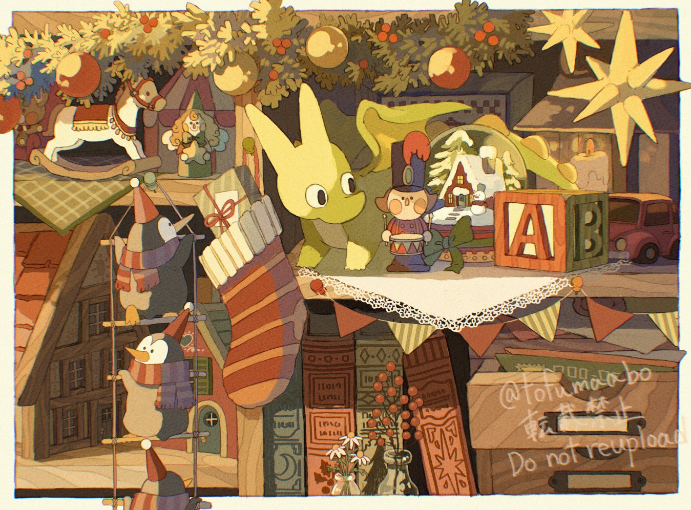 tofumaabo, original, commentary request, animal, bird, book, candle, christmas ornaments, creature, dragon, fire, flower, no humans, penguin, rocking horse, toy, toy car, toy house, vase, white flower