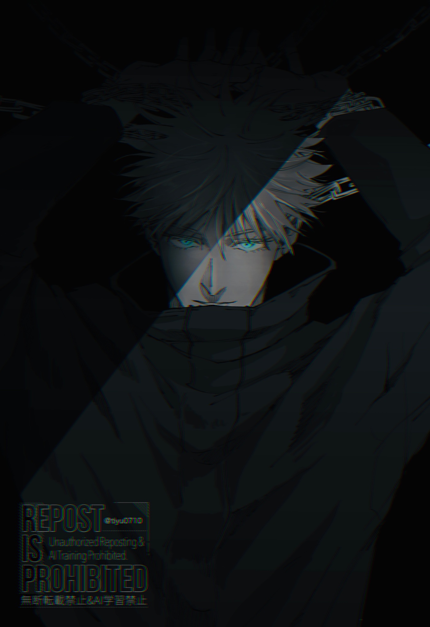 tiyu0710, gojou satoru, jujutsu kaisen, highres, 1boy, arms up, black background, blue eyes, chained wrists, closed mouth, jujutsu tech uniform, looking at viewer, male focus, short hair, simple background, solo, upper body, watermark, white hair