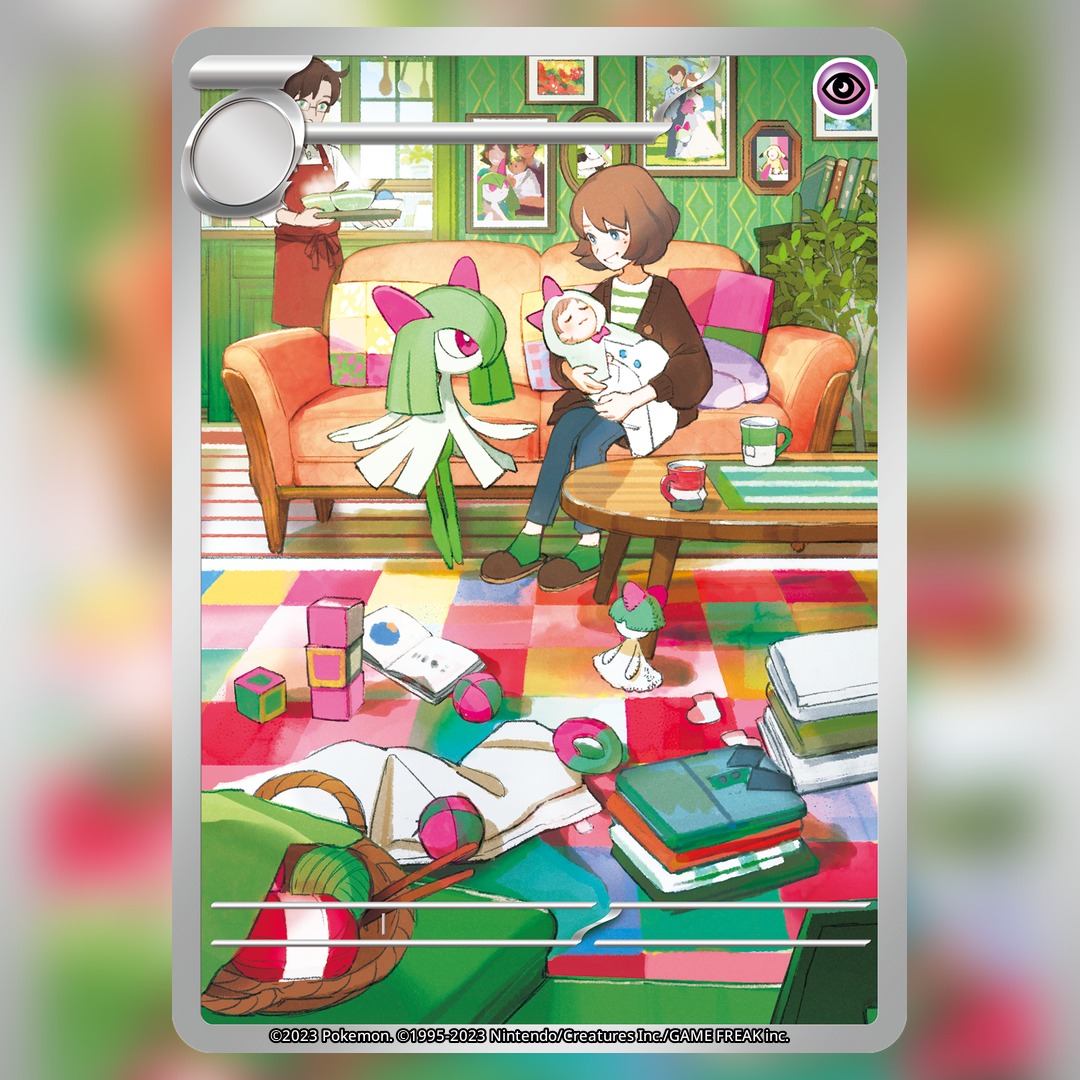 sasumata jirou, kirlia, ralts, nintendo, pokemon, pokemon tcg, commentary, english commentary, official art, textless version, third-party source, 1boy, 2girls, apron, baby, basket, blue pants, book, bow, brown hair, brown jacket, brown shoes, carrying, carrying baby, carrying person, closed eyes, closed mouth, coffee table, company name, copyright name, copyright notice, couch, cup, father and daughter, gen 3 pokemon, green shirt, green socks, holding, holding tray, indoors, jacket, long sleeves, mother and daughter, mug, multiple girls, on couch, open book, open clothes, open jacket, pants, photo (object), picture frame, pillow, pink bow, pink eyes, plant, pokemon (creature), red apron, rug, shirt, shoes, short hair, sitting, smile, socks, standing, steam, striped clothes, striped shirt, table, toy block, tray