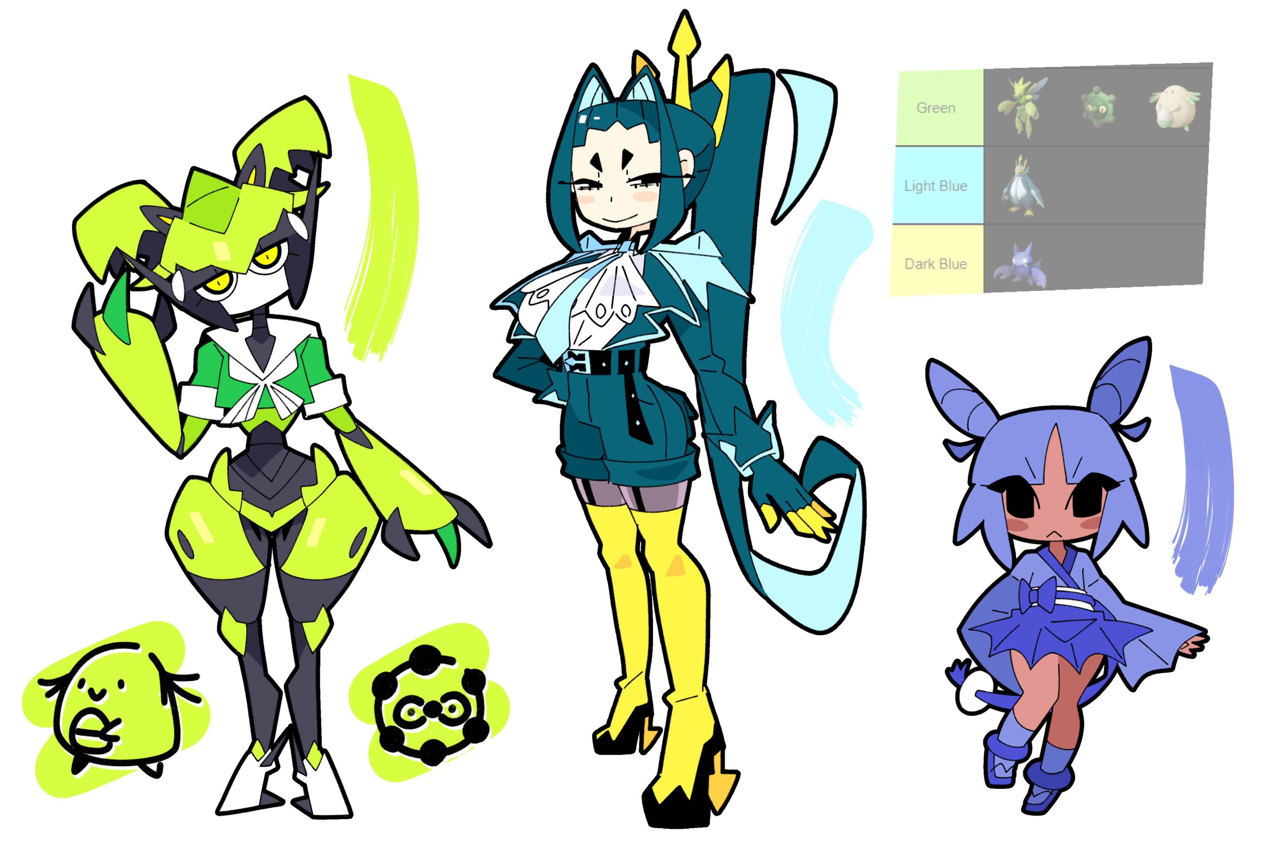 bourbunbun, empoleon, gligar, scizor, nintendo, pokemon, absurdres, highres, alternate color, ascot, belt, blue hair, blue skirt, boots, breasts, gen 2 pokemon, gen 4 pokemon, green shirt, hair horns, japanese clothes, kimono, large breasts, military uniform, multicolored hair, necktie, pantyhose, personification, ponytail, robot girl, shiny pokemon, shirt, shorts, skirt, thick eyebrows, two-tone hair, wide hips, yellow boots, yellow eyes