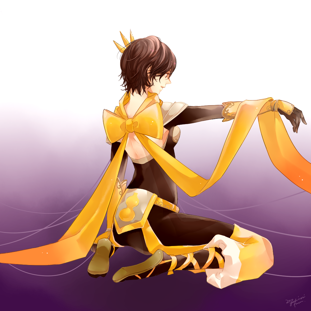 yoshinori (pixiv358764), nene (sengoku musou), sengoku musou, sengoku musou 3, 1girl, brown eyes, brown hair, female focus, full body, gradient background, ribbon, sandals, short hair, sitting, solo, yellow ribbon