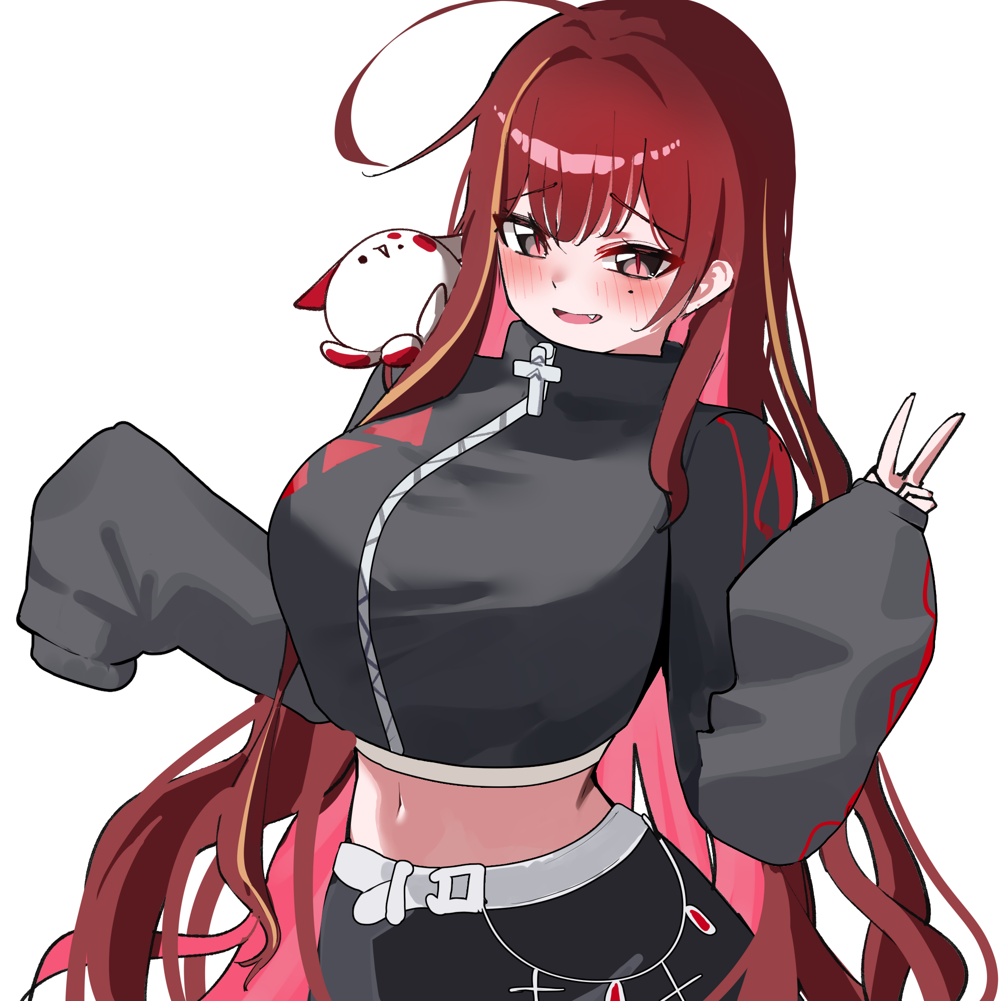 yeomhwauranyum, akane lize, stellive, commentary, highres, 1girl, ahoge, black jacket, black skirt, blush, breasts, colored inner hair, cowboy shot, creature, cropped jacket, dated commentary, double-parted bangs, fang, grey eyes, huge ahoge, jacket, large breasts, long hair, long sleeves, midriff, mole, mole under eye, multicolored hair, navel, open mouth, pienna (akane lize), raised inner eyebrows, red hair, red pupils, simple background, skirt, sleeves past fingers, sleeves past wrists, slit pupils, solo, standing, straight hair, streaked hair, very long hair, virtual youtuber, white background