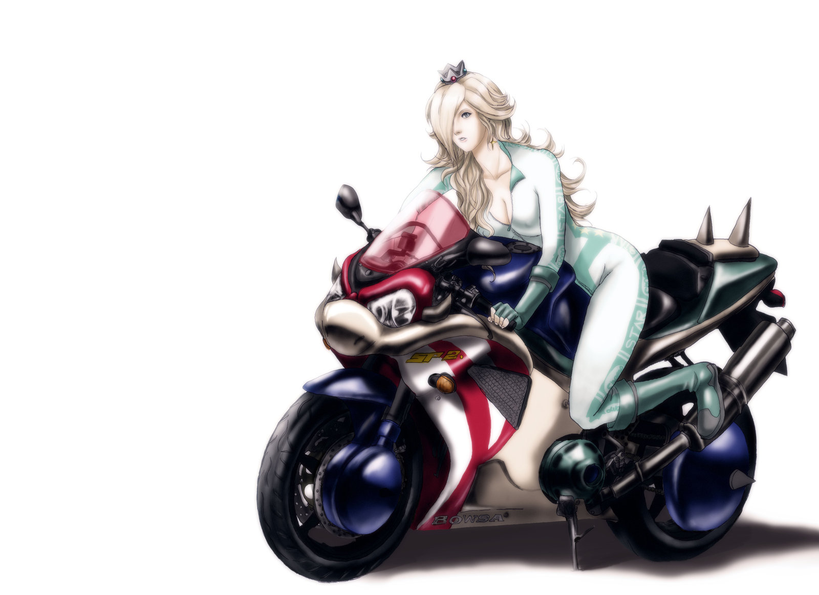 jay phenrix, biker rosalina, bowser, rosalina, mario (series), mario kart, mario kart wii, nintendo, super mario galaxy, vehicle, highres, 1girl, biker clothes, bikesuit, blonde hair, bodysuit, breasts, crown, hair over one eye, long hair, motor vehicle, motorcycle, simple background