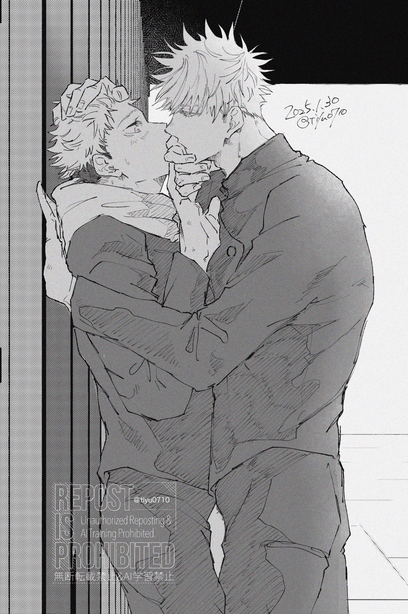 tiyu0710, gojou satoru, itadori yuuji, jujutsu kaisen, commentary request, highres, 2boys, against wall, blush, covering another's mouth, dated, face-to-face, greyscale, hand on another's head, hand over another's mouth, height difference, hood, hood down, hooded jacket, jacket, jujutsu tech uniform, male focus, monochrome, multiple boys, short hair, standing, teacher and student, twitter username, watermark, yaoi