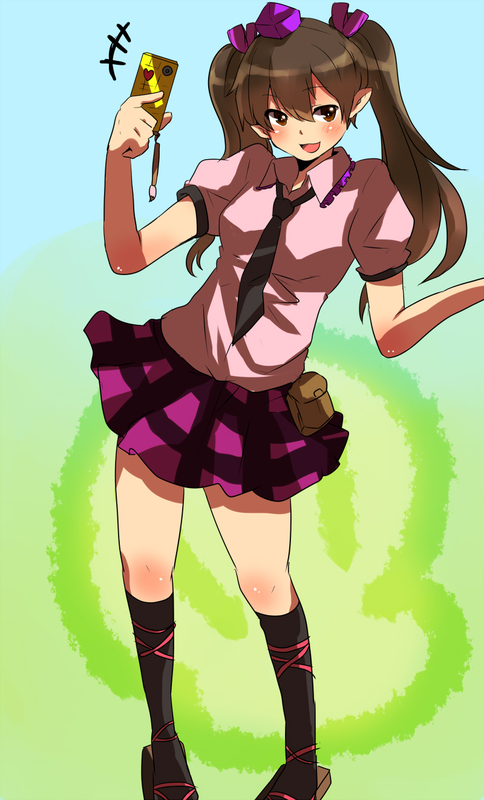 pun2, himekaidou hatate, touhou, bad id, bad pixiv id, +++, 1girl, :d, brown eyes, brown hair, cellphone, checkered clothes, checkered skirt, female focus, geta, hat, legs, necktie, open mouth, phone, skirt, smile, solo, tokin hat, twintails