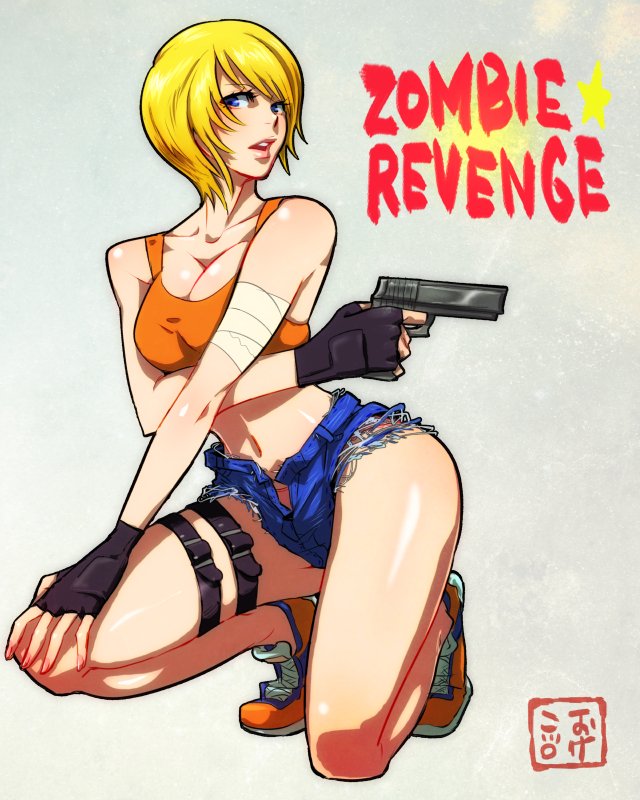okeko, sega, 1girl, artist logo, bandaged arm, bandages, bare legs, blonde hair, blue eyes, blue shorts, breasts, cleavage, crossed arms, english text, facing to the side, fingernails, full body, gun, hand on own knee, holding, holding gun, holding weapon, holster, kneeling, linda rotta, lips, logo, looking at viewer, micro shorts, narrow waist, navel, parted lips, shoes, short hair, shorts, signature, solo, solo focus, star (symbol), tank top, thigh holster, title, weapon, yellow tank top, zombie revenge