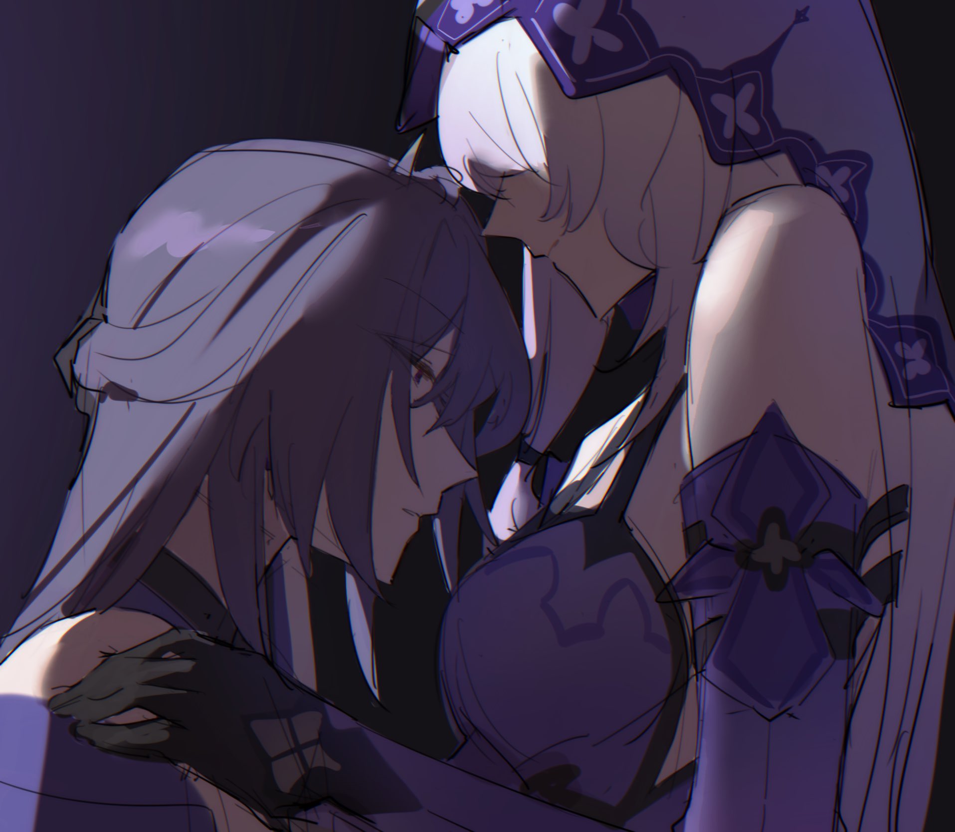 kurari o, acheron (honkai: star rail), black swan (honkai: star rail), honkai: star rail, honkai (series), hashtag-only commentary, highres, 2girls, bare shoulders, black gloves, breasts, cleavage, detached sleeves, dress, elbow gloves, gloves, hair over one eye, hair spread out, large breasts, long hair, multiple girls, purple dress, purple gloves, purple hair, purple veil, veil, very long hair, yuri