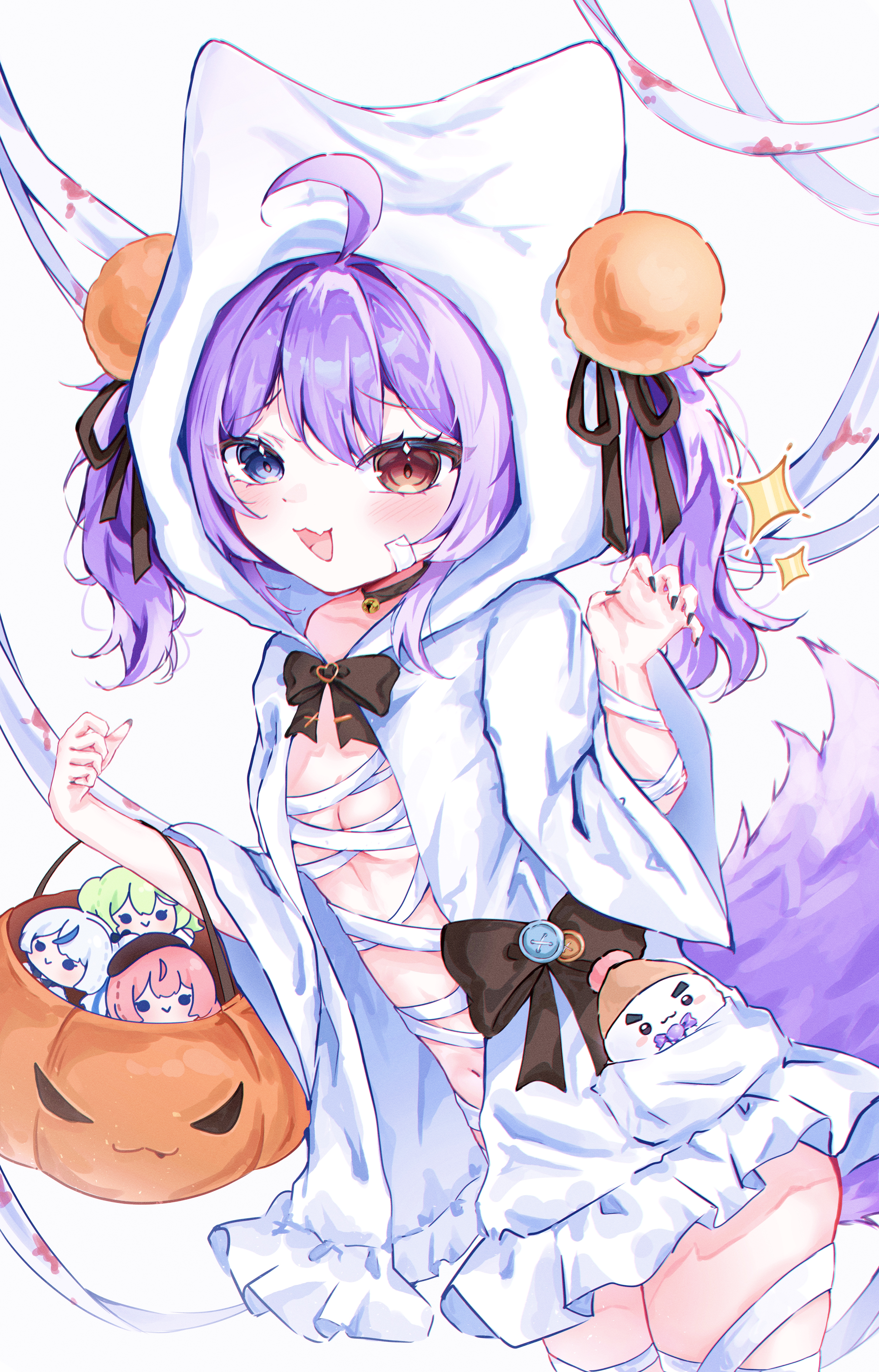 aokumo rin, hanako nana, tenko shibuki, yuzuha riko, stellive, absurdres, commentary, highres, korean commentary, 1girl, :3, ahoge, bandages, black bow, black bowtie, black choker, black nails, black ribbon, blue eyes, blush, bow, bowtie, breasts, brown eyes, choker, claw pose, cowboy shot, double-parted bangs, fang, fingernails, hair ornament, hair ribbon, halloween bucket, hands up, heterochromia, holding, hood, hood up, hooded jacket, inari (tenko shibuki), jacket, looking at viewer, medium hair, munui, nail polish, naked bandage, naked jacket, navel, open clothes, open jacket, open mouth, pom pom (clothes), pom pom hair ornament, purple hair, raised inner eyebrows, ribbon, skin fang, small breasts, solo, standing, three-quarter sleeves, twintails, virtual youtuber, white jacket, wide sleeves