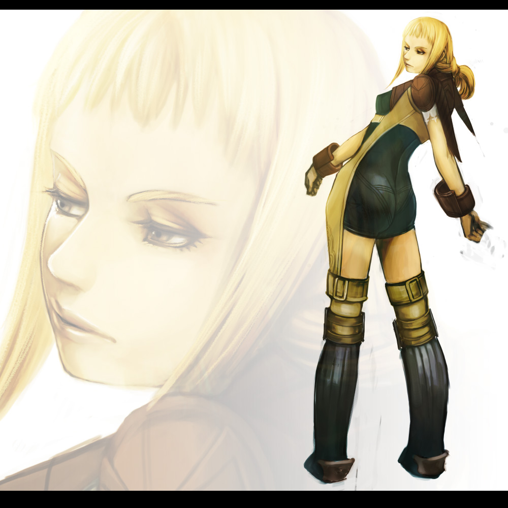shotshell, penelo, final fantasy, final fantasy xii, 00s, 1girl, armor, ass, blonde hair, braid, female focus, leather armor, letterboxed, romper, solo, twin braids, twintails, wrist cuffs, zoom layer