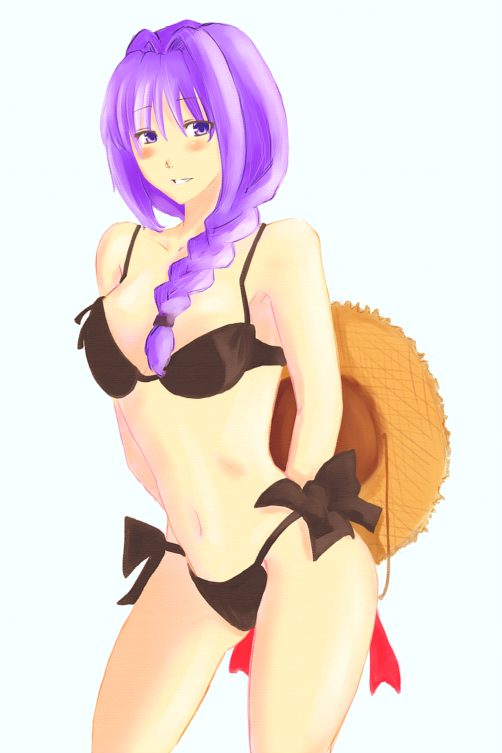 jamu (angelsholy), minase akiko, kanon, highres, 1girl, bikini, blush, braid, hair intakes, hat, mature female, purple eyes, purple hair, sun hat, swimsuit