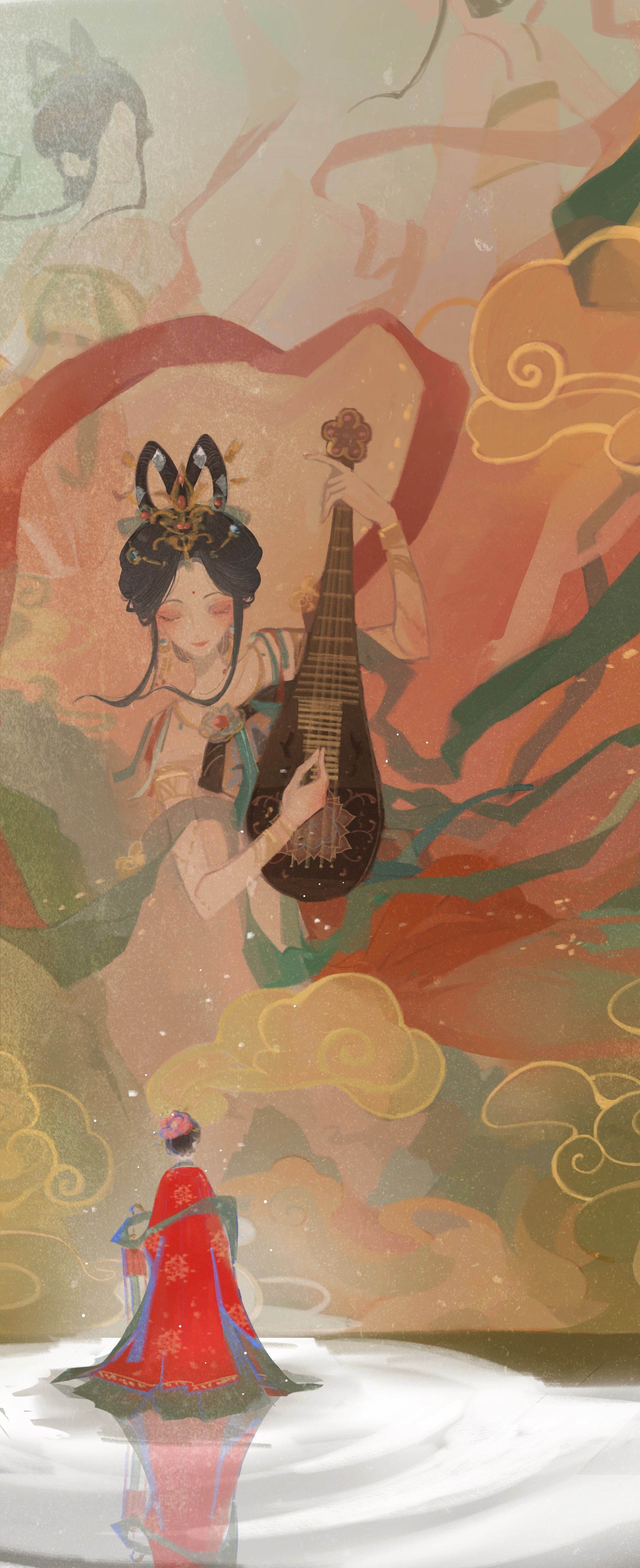 lotus, miqing, glamorous nights (shining nikki), soaring plumes (shining nikki), nikki (series), shining nikki, gold armlet, absurdres, commentary request, highres, 3girls, armlet, black hair, bow-shaped hair, bracelet, chinese clothes, chinese hairpin, closed eyes, closed mouth, earrings, eyeshadow, faceless, faceless female, floral print, flower, frilled hanfu, from behind, giant, giantess, gold bracelet, hagoromo, hair bun, hair flower, hair ornament, hair rings, hairpin, hanfu, holding, holding lantern, instrument, jewelry, lantern, light particles, lipstick, long skirt, long sleeves, makeup, multiple bracelets, multiple girls, multiple hairpins, music, necklace, pink eyeshadow, pink flower, pink lips, pipa (instrument), playing instrument, red hanfu, red skirt, reflective floor, ripples, shawl, short hair, single hair bun, size difference, skirt, smile, standing, standing on liquid, updo, water, xiangyun