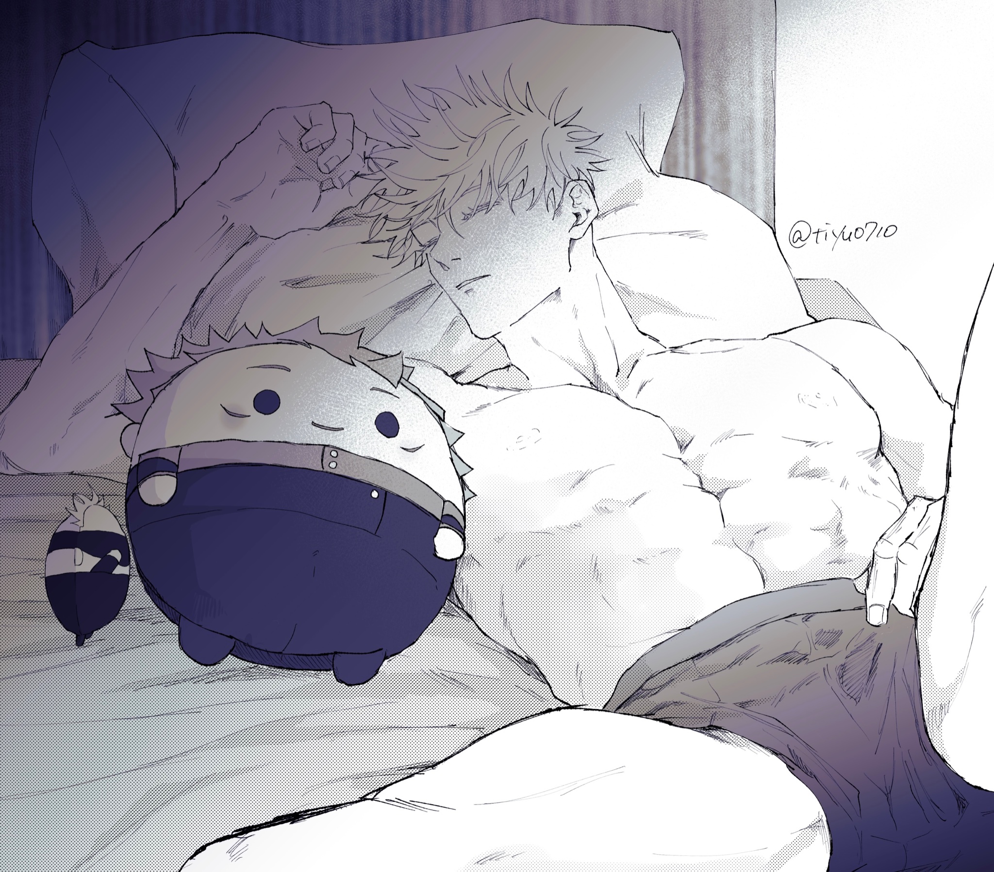 tiyu0710, gojou satoru, itadori yuuji, jujutsu kaisen, commentary request, highres, 1boy, abs, boxers, character doll, closed eyes, closed mouth, doll, greyscale, knee up, lying, male focus, male underwear, monochrome, navel, nipples, on back, on bed, pectorals, pillow, short hair, sleeping, solo, spread legs, toned, toned male, twitter username, underwear, underwear only