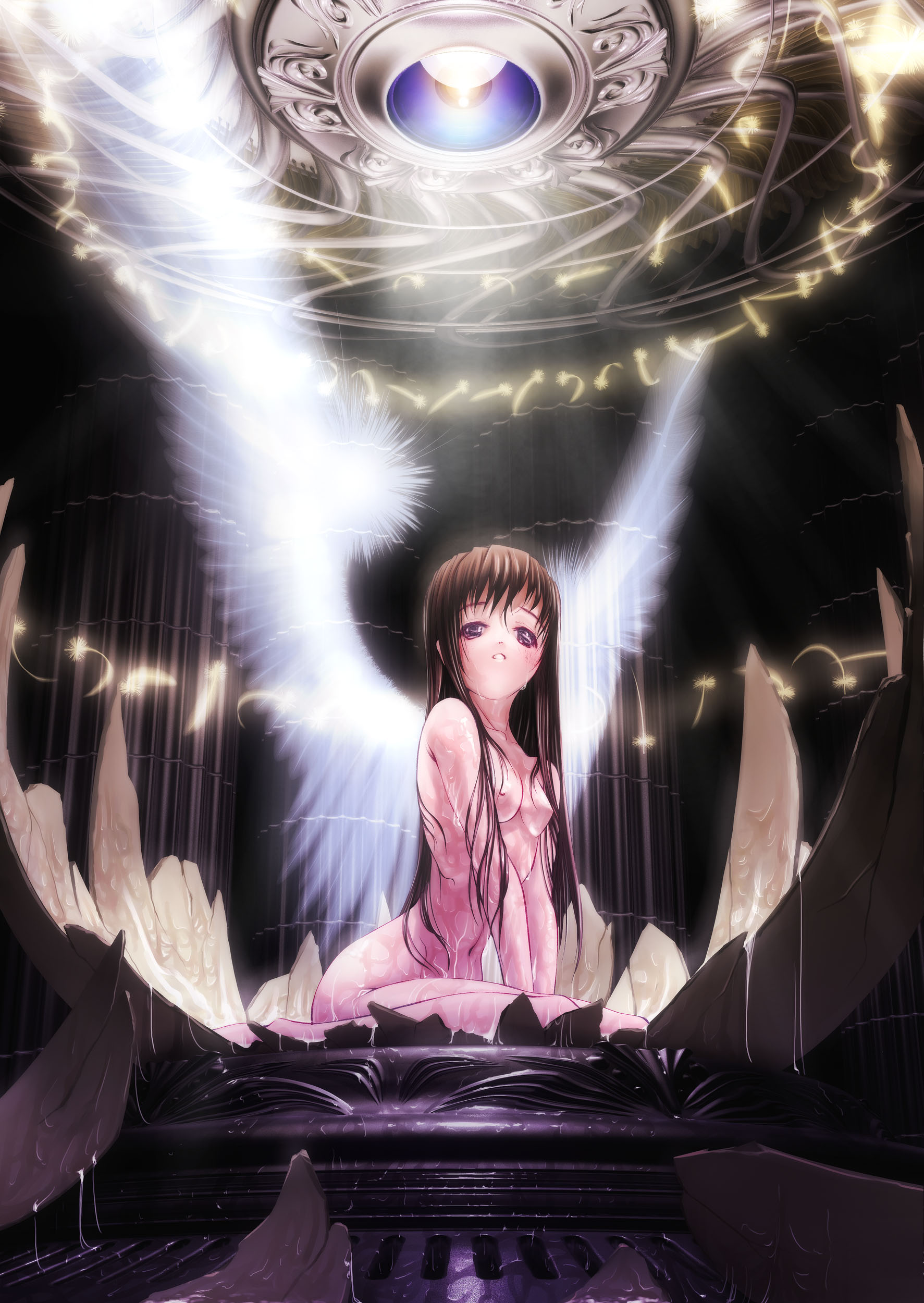 tom (1art.), original, absurdres, bad id, bad pixiv id, highres, 1girl, angel, angel wings, bad anatomy, breasts, brown eyes, brown hair, eggshell, feathers, female focus, long hair, nipples, nude, poorly drawn, small breasts, solo, tears, wet, wet hair, wings