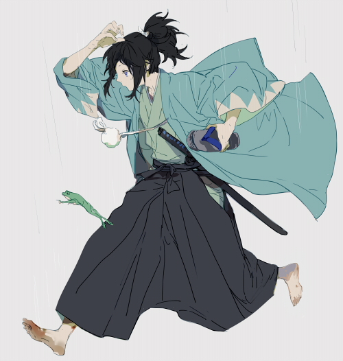 nineo, yamato-no-kami yasusada, touken ranbu, commentary request, 1boy, arm up, barefoot, black hair, black hakama, blue haori, dirty, dirty feet, frog, full body, green kimono, grey background, hakama, haori, holding, holding sandals, japanese clothes, katana, kimono, long hair, male focus, ponytail, rain, sandals, simple background, solo, sword, unworn sandals, weapon, wide sleeves, zouri