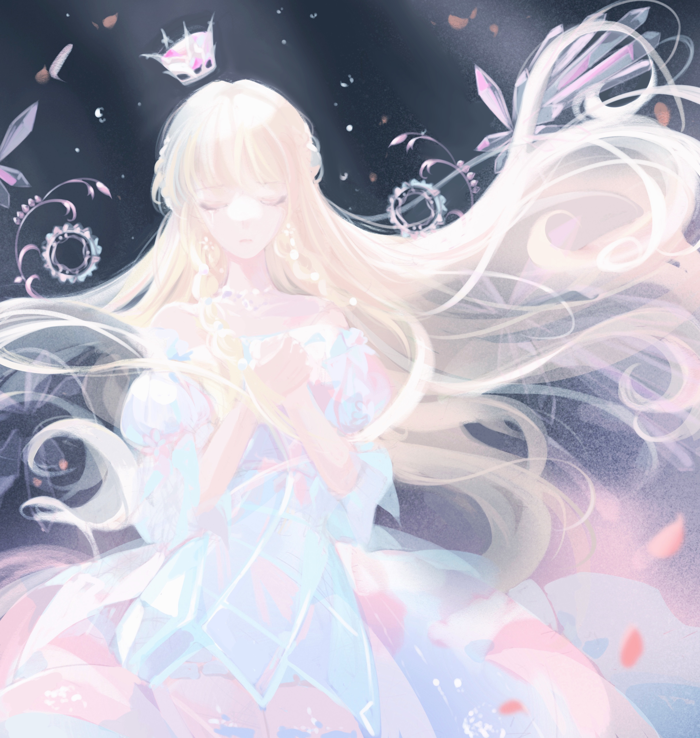 miqing, diamond teardrop (shining nikki), nikki (series), shining nikki, absurdres, commentary request, highres, 1girl, bare shoulders, bead necklace, beads, black background, blonde hair, blue dress, braid, collarbone, cowboy shot, crown, crying, crystal wings, dress, earrings, gears, gown, hair beads, hair ornament, hands on own chest, hat loss, jewelry, juliet sleeves, light particles, light rays, long dress, long hair, long sidelocks, long sleeves, mini crown, necklace, off-shoulder dress, off shoulder, own hands together, petals, pink crown, pink dress, pleated dress, puffy sleeves, sad, sidelocks, single braid, solo, spread wings, standing, two-tone dress, very long hair, wavy hair, white wings, wings