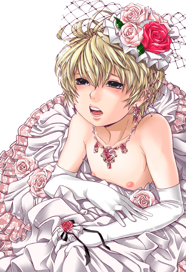 hijirino yuuta, original, bad id, bad pixiv id, 1boy, blonde hair, crossdressing, crossdressing (mtf), dress, earrings, elbow gloves, flat chest, flower, gloves, hair ornament, jewelry, lips, male focus, necklace, nipples, open mouth, red eyes, rose, shota, solo, trap, wedding dress