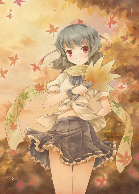 michii yuuki, shameimaru aya, touhou, jpeg artifacts, 1girl, black hair, female focus, hand fan, hat, leaf, looking at viewer, navel, red eyes, ribbon, scarf, skirt, solo, tokin hat