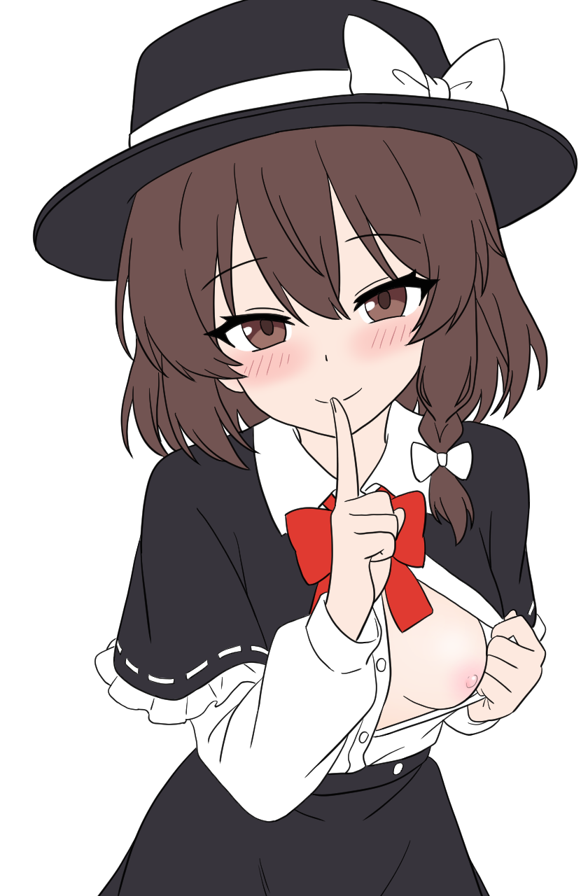 usami renko, touhou, commentary, highres, 1girl, asymmetrical hair, black capelet, black hat, black skirt, blush, bow, bowtie, breasts, brown eyes, brown hair, buttons, capelet, collared shirt, cowboy shot, dress shirt, finger to mouth, flashing, frilled capelet, frills, hair bow, hat, hat bow, head tilt, long sleeves, looking at viewer, medium hair, nipples, no bra, one breast out, opened by self, partially open shirt, partially unbuttoned, presenting breasts, red bow, red bowtie, ribbon-trimmed capelet, ribbon trim, shirt, shirt tucked in, simple background, skirt, small breasts, smile, solo, white background, white bow, white shirt, yanyanv888