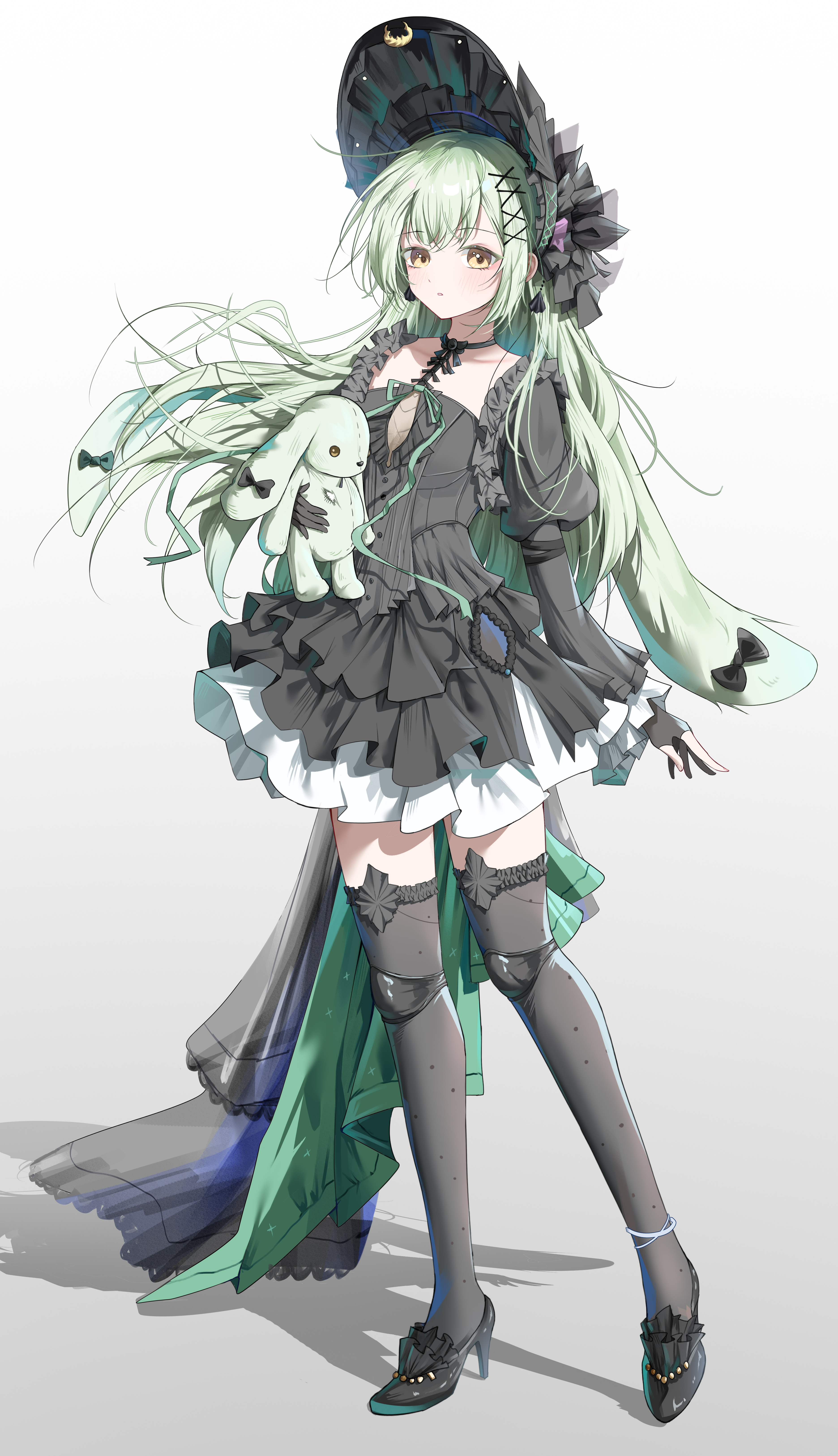 tbyjpg, wakaba mutsumi, bang dream!, bang dream! it's mygo!!!!!, absurdres, commentary request, highres, partial commentary, 1girl, animal ears, black dress, black hat, black shoes, black thighhighs, bonnet, choppy bangs, dress, droopy ears, expressionless, frilled dress, frills, full body, gothic lolita, green hair, hair ornament, hat, high heels, holding, holding stuffed toy, juliet sleeves, layered dress, lolita fashion, long hair, long sleeves, looking at viewer, parted lips, polka dot, polka dot thighhighs, puffy sleeves, shadow, shoes, short dress, simple background, solo, standing, stuffed animal, stuffed rabbit, stuffed toy, thighhighs, white background, x hair ornament, yellow eyes