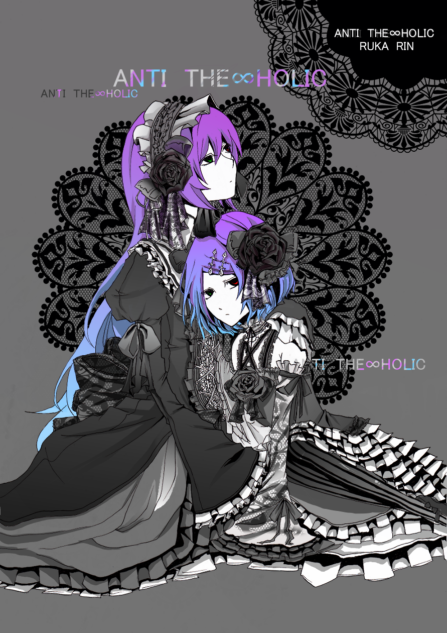 suzuya (appon65122), kagamine rin, megurine luka, anti the holic (vocaloid), anti the infinite holic (vocaloid), vocaloid, highres, 2girls, bow, doily, dress, flower, gothic lolita, gradient hair, green eyes, hair ornament, hairclip, heterochromia, lolita fashion, long hair, multicolored hair, multiple girls, red eyes, ribbon, rose, short hair