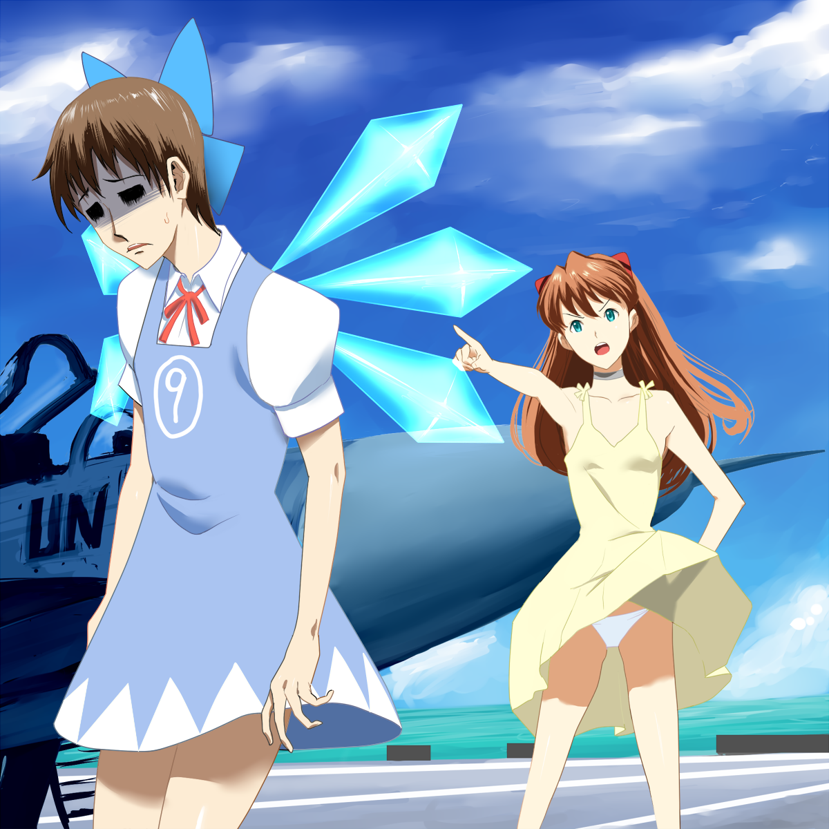 moljib, cirno, ikari shinji, souryuu asuka langley, neon genesis evangelion, touhou, highres, 1boy, 1girl, circled 9, cirno (cosplay), clothes lift, cosplay, crossdressing, dress, dress lift, long hair, orange hair, panties, pantyshot, parody, pointing, underwear, wind, wind lift