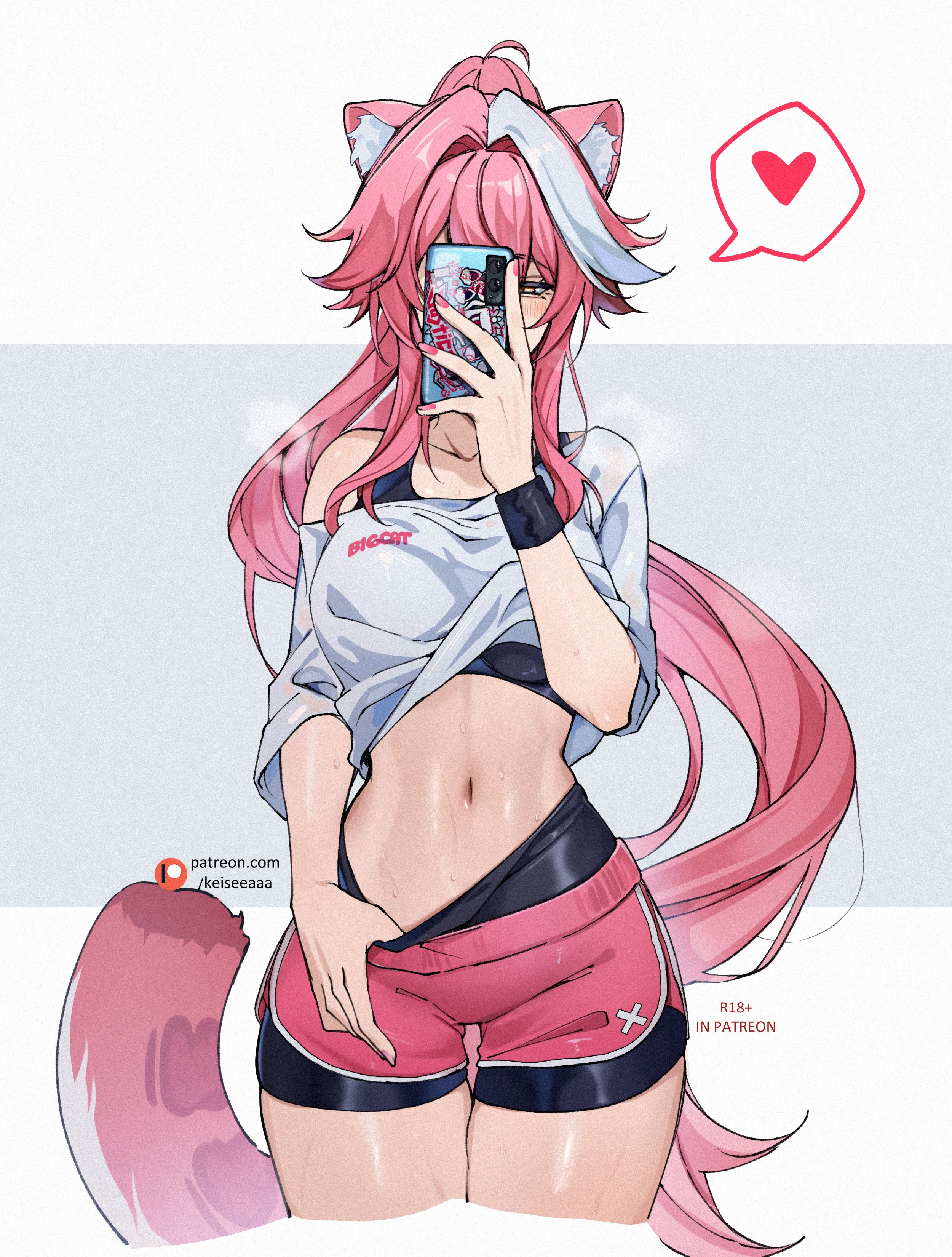 keisea, raora panthera, hololive, hololive english, absurdres, commentary, english commentary, highres, 1girl, bike shorts, bike shorts under shorts, black shorts, black sports bra, breasts, cellphone, center-flap bangs, clothes pull, cropped shirt, double-parted bangs, heart, holding, holding phone, large breasts, long hair, looking at viewer, navel, panther girl, panther tail, phone, pink hair, ponytail, selfie, shirt, shorts, shorts pull, sidelocks, simple background, single off shoulder, smartphone, solo, spoken heart, sports bra, t-shirt, tail, very long hair, virtual youtuber, white shirt, white streaks, yellow eyes
