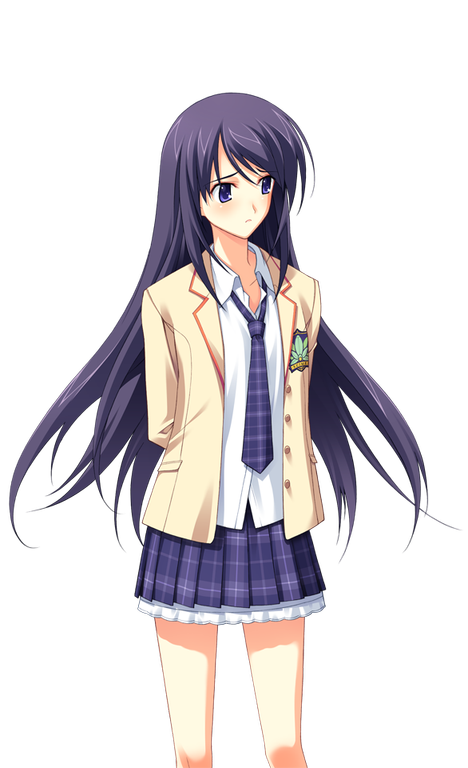 matsuo yukihiro, aoi sena, chaos;head, science adventure, game cg, non-web source, official art, 1girl, arms behind back, bare legs, blazer, blush, brown jacket, collarbone, dress shirt, embarrassed, jacket, lapels, long hair, loose necktie, miniskirt, necktie, notched lapels, open clothes, open collar, open jacket, plaid clothes, plaid necktie, plaid skirt, pleated skirt, purple eyes, purple hair, purple necktie, purple skirt, red trim, school emblem, school uniform, shirt, skirt, solo, sprite, suimei academy school uniform, transparent background, very long hair, winter uniform