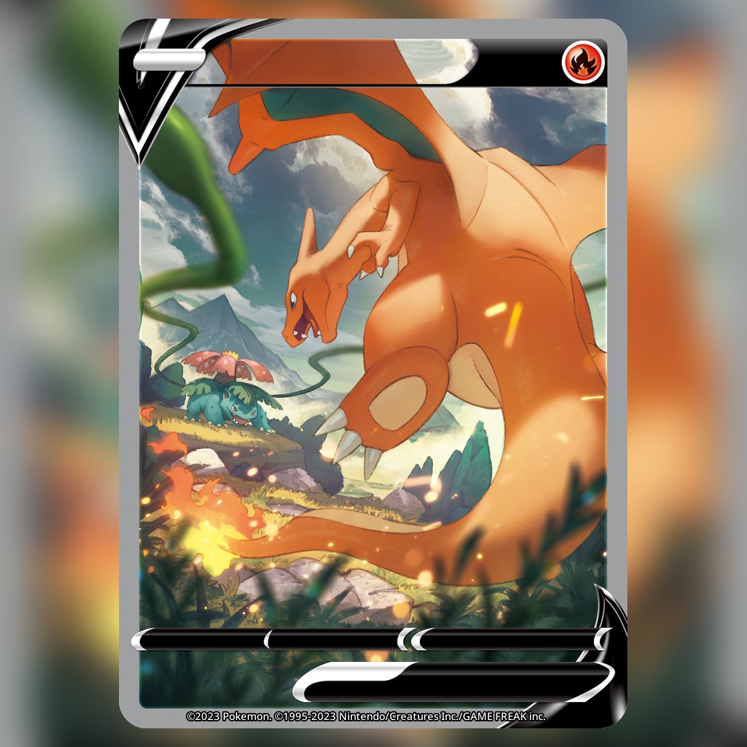 murayama ryota, charizard, venusaur, nintendo, pokemon, pokemon tcg, commentary, english commentary, official art, textless version, third-party source, animal focus, blue eyes, card (medium), claws, cloud, cloudy sky, company name, copyright name, copyright notice, dragon, embers, fangs, fire, flame-tipped tail, flower, flying, gen 1 pokemon, grass, mountainous horizon, no humans, open mouth, outdoors, plant, pokemon (creature), pokemon card, pokemon focus, red eyes, red flower, rock, sharp teeth, sky, tail, teeth, trading card, tree, vines