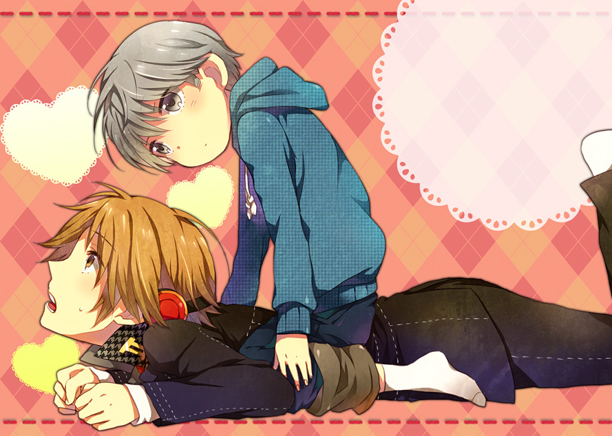 tayako, hanamura yousuke, narukami yu, atlus, persona, persona 4, bad id, bad pixiv id, 2boys, aged down, brown eyes, brown hair, grey hair, headphones, male focus, multiple boys