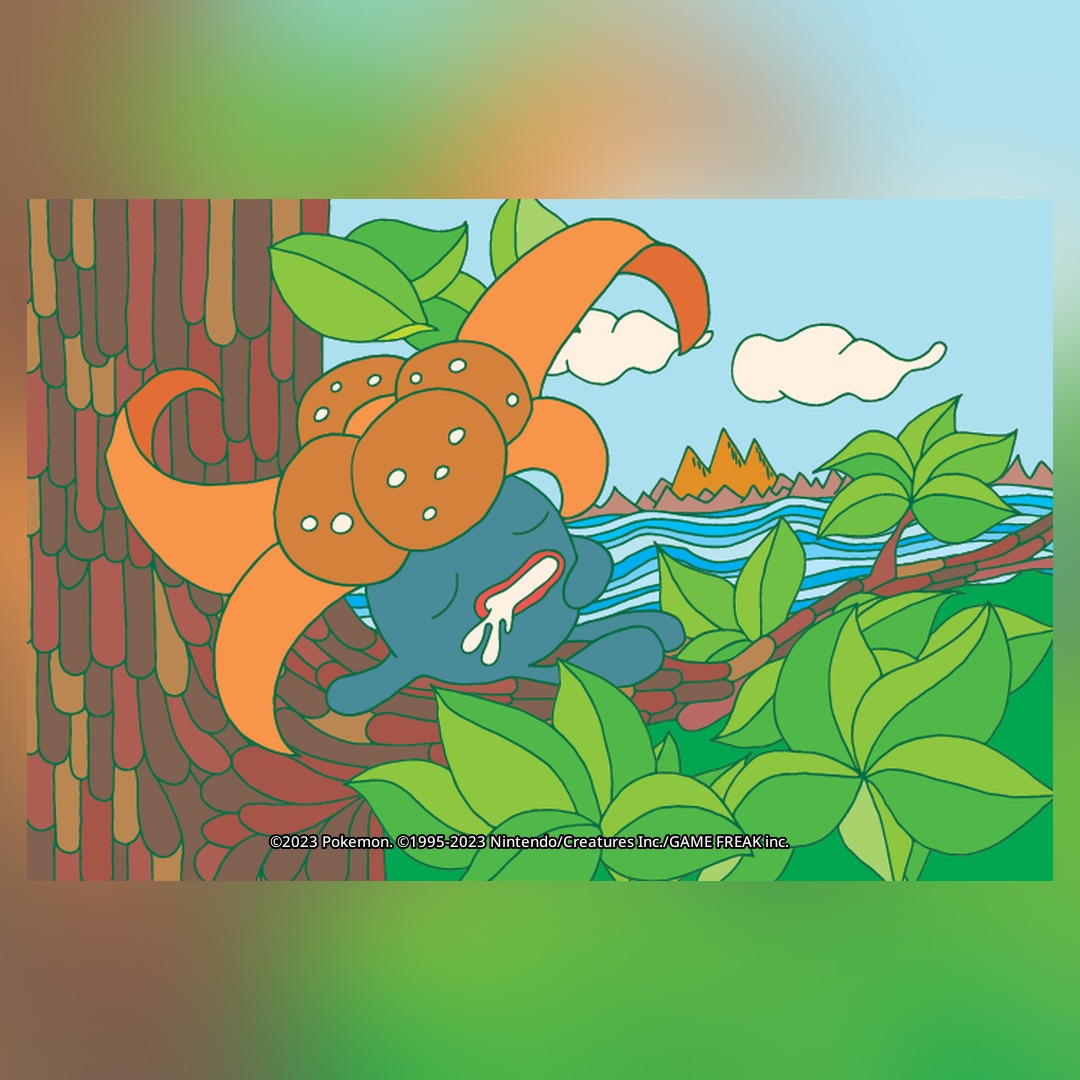 umemoto kyouko, gloom (pokemon), nintendo, pokemon, pokemon tcg, commentary, english commentary, official art, third-party source, blue sky, closed eyes, cloud, company name, copyright name, copyright notice, day, drooling, in tree, leaf, lips, mountainous horizon, no humans, open mouth, outdoors, pokemon (creature), pokemon focus, sky, smile, solo, tree, water