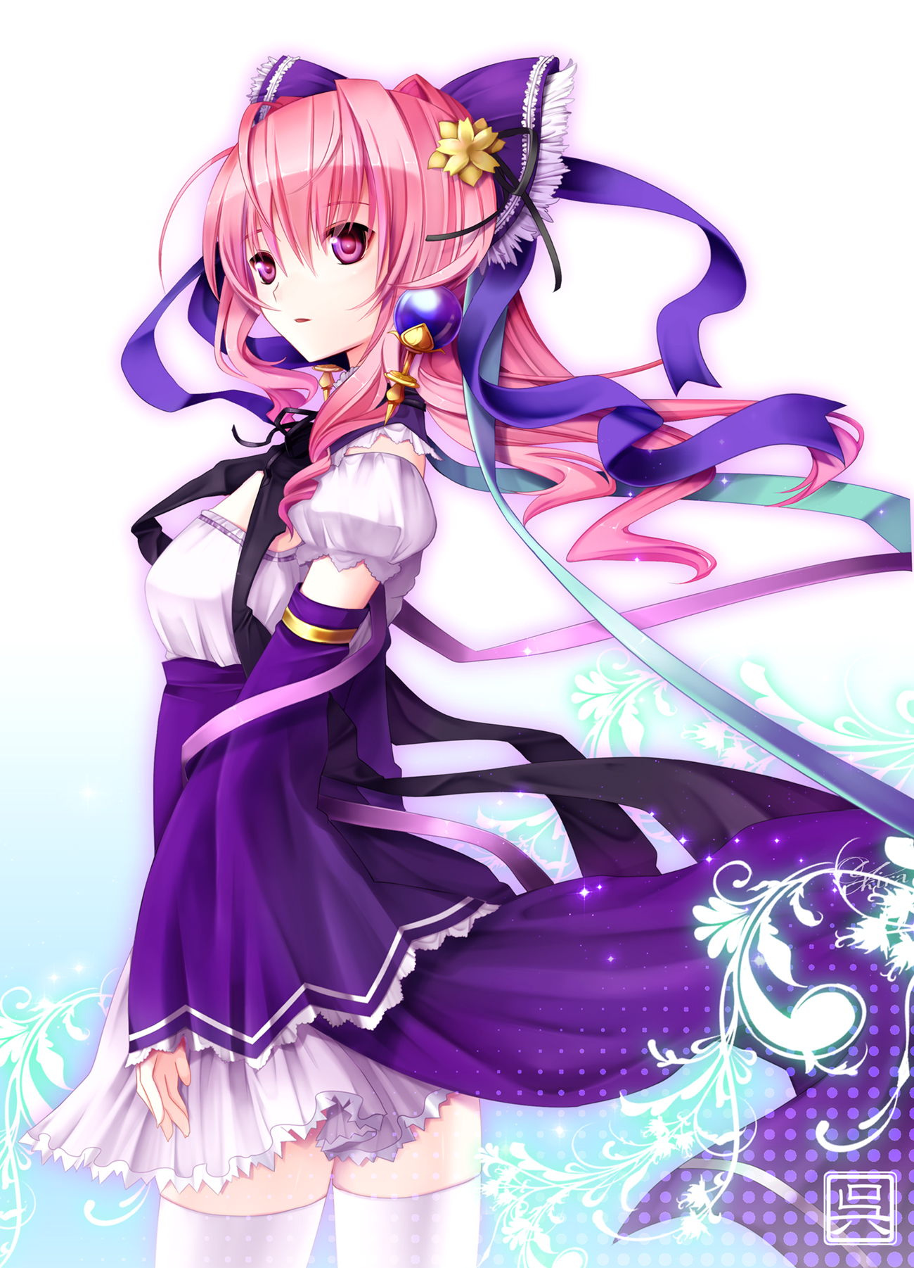 yuuki kira, xiao qiao (sangokushi taisen), sangokushi taisen, highres, 1girl, bow, detached sleeves, dress, earrings, female focus, flower, hair bow, hair flower, hair ornament, jewelry, long hair, look-alike, pink eyes, pink hair, purple eyes, ribbon, solo, thighhighs, white thighhighs, wide sleeves, wind, zettai ryouiki