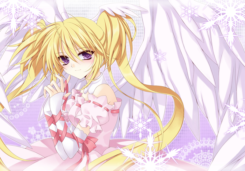 asti, hoshina utau, seraphic charm, shugo chara!, 1girl, blonde hair, female focus, long hair, purple eyes, ribbon-trimmed clothes, ribbon trim, smile, solo, twintails, wings