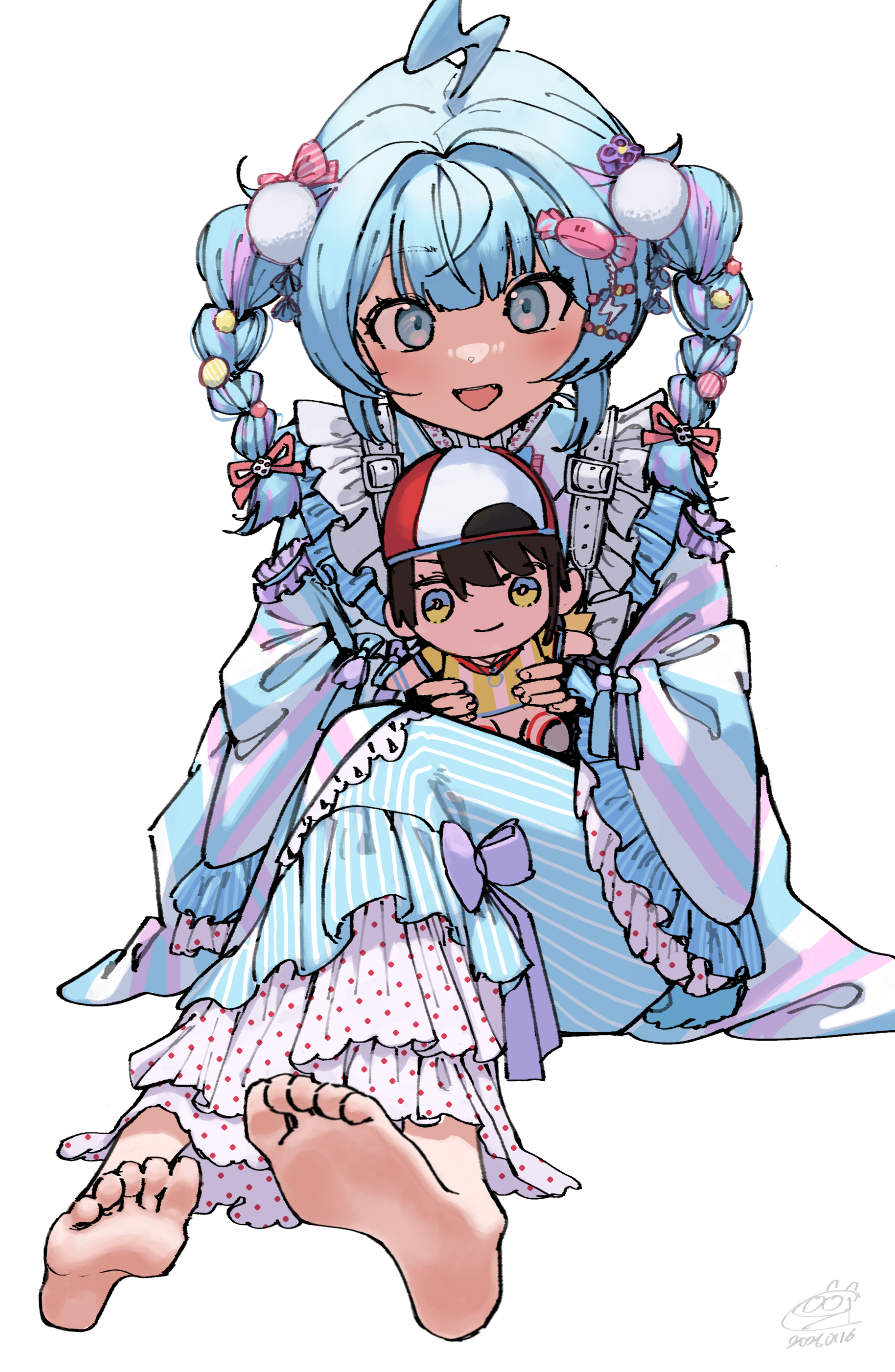 croo (croo168), mizumiya su, hololive, absurdres, highres, 1girl, barefoot, blue eyes, blue hair, double bun, feet, hair bun, light blush, long hair, looking at viewer, open mouth, soles, toes