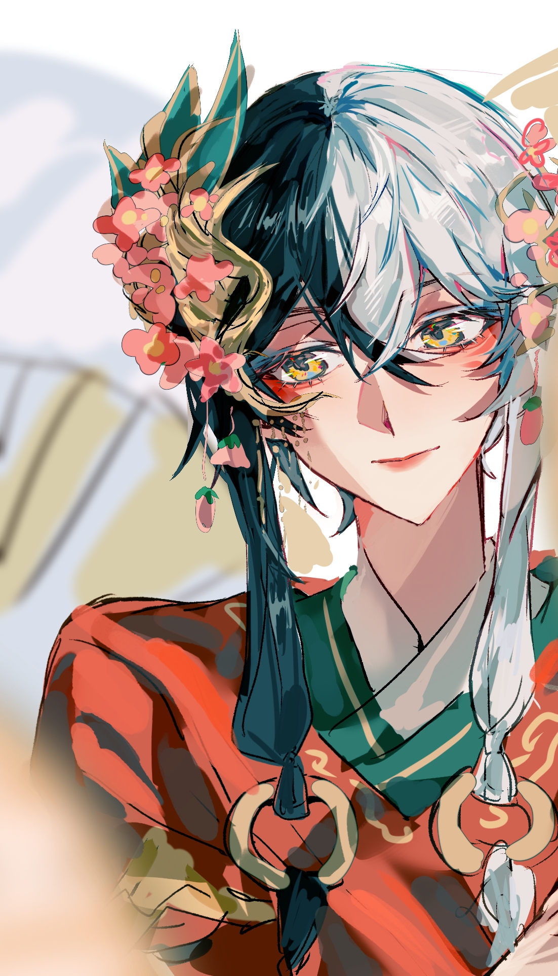 tan youyou (infinity nikki), infinity nikki, nikki (series), chinese commentary, commentary request, highres, 1boy, aegyo sal, black hair, blurry, cherry blossoms, chinese clothes, closed mouth, crossed bangs, depth of field, eyelashes, flower, hair between eyes, hair extensions, hair flower, hair ornament, hair over shoulder, hanfu, happy, light blush, lipstick, long hair, looking at viewer, looking to the side, makeup, male focus, marking on cheek, multicolored hair, o-ring, official alternate costume, pink flower, pink lips, red hanfu, smile, solo, split-color hair, two-tone hair, upper body, white background, white hair, wunaoreai, yellow eyes