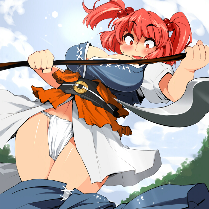 ario, onozuka komachi, touhou, 1girl, blush, breasts, cleavage, female focus, fundoshi, hair bobbles, hair ornament, japanese clothes, large breasts, red eyes, red hair, scythe, solo, twintails, two side up, wardrobe malfunction