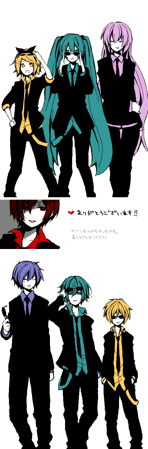 hatsune miku, hatsune mikuo, kagamine len, kagamine rin, kaito (vocaloid), megurine luka, meiko (vocaloid), vocaloid, highres, long image, partially translated, tall image, translation request, (^o^)/, 3boys, 4girls, everyone, formal clothes, genderswap, genderswap (ftm), multiple boys, multiple girls, necktie, oekaki, pant suit, pants, smile, suit, sunglasses, tegaki