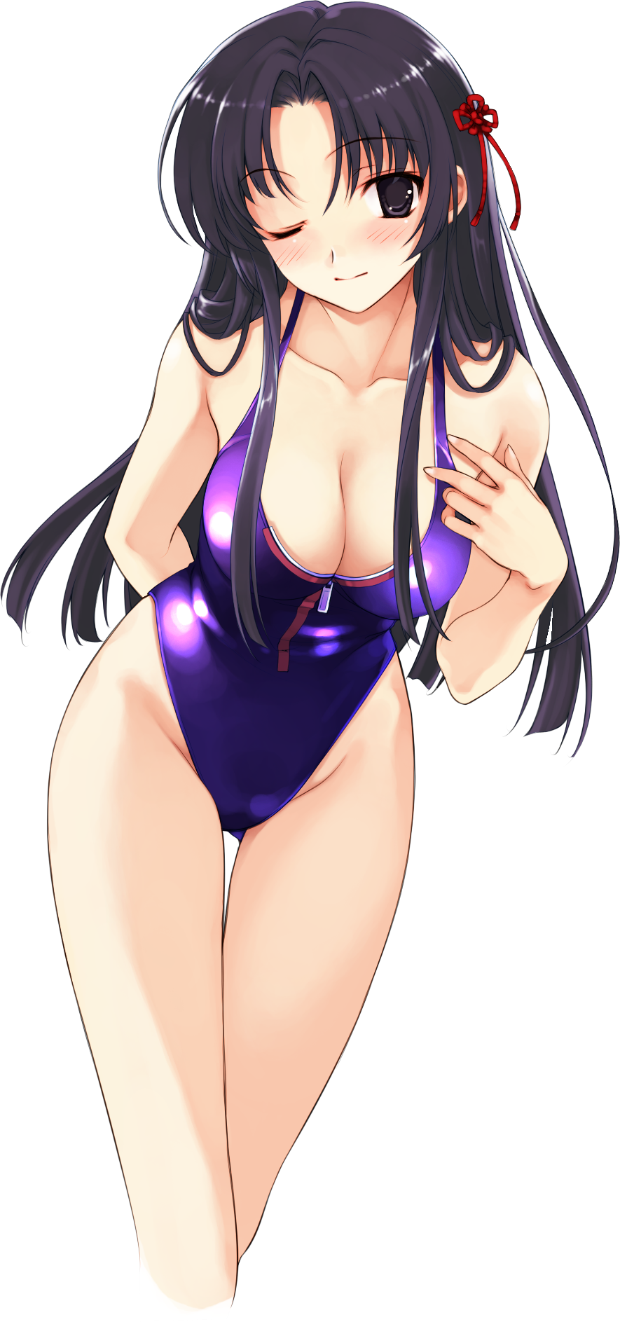 misaki kurehito, koga sayoko, suiheisen made nan mile?, game cg, highres, 1girl, arm behind back, black eyes, black hair, blush, breasts, cleavage, female focus, head tilt, highleg, highleg one-piece swimsuit, large breasts, long hair, one-piece swimsuit, one eye closed, purple one-piece swimsuit, solo, swimsuit, thigh gap, thighs, transparent background, wink